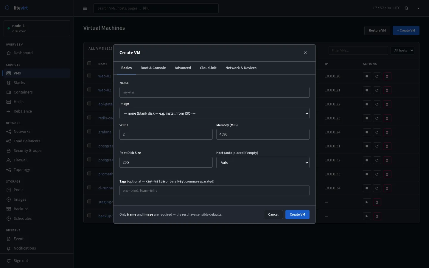 Create VM dialog on the Basics tab with name, image, vCPU, memory, root disk size, host, and tags fields